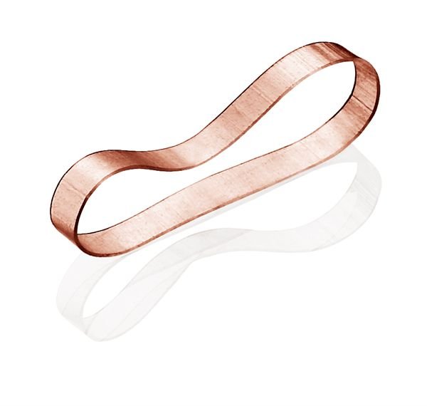 A metallic Möbius strip with a copper-brown finish, inspired by the smooth flexibility of BLAX Hair elastics - Brown (8 pcs) from BLAX, is shown on a white background with a soft reflection below.