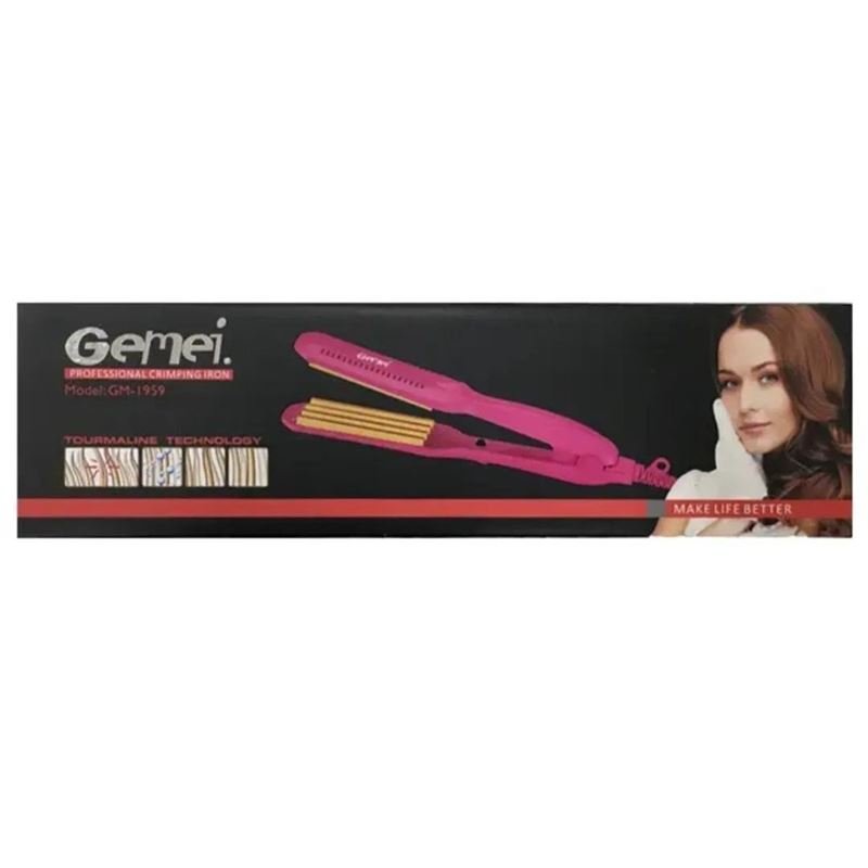 Box of a Gemei PRO Crepe Iron / Ceramic Crimp - GM-1959, showing a pink tool for zigzag curls, the Gemei brand, Make Life Better slogan, and an image of a woman with long brown hair.