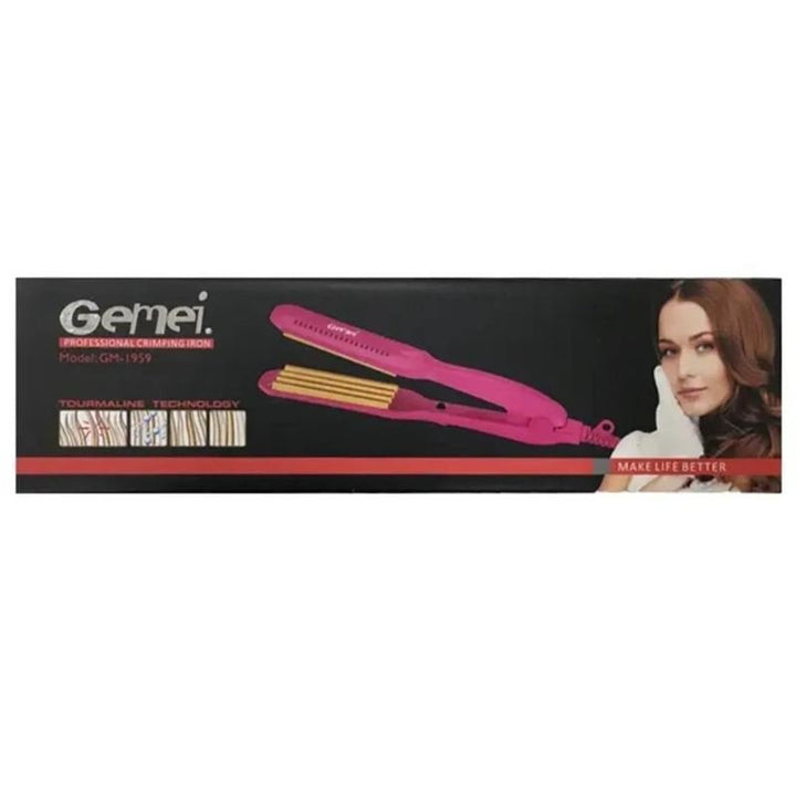 Box of a Gemei PRO Crepe Iron / Ceramic Crimp - GM-1959, showing a pink tool for zigzag curls, the Gemei brand, Make Life Better slogan, and an image of a woman with long brown hair.