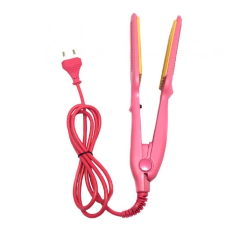 The Gemei PRO Crepe Iron / Ceramic Crimp GM-1959 by Gemei is a pink hair straightener with yellow ceramic plates, an attached power cord with a two-prong plug, and keratin tourmaline coating, displayed against a white background.