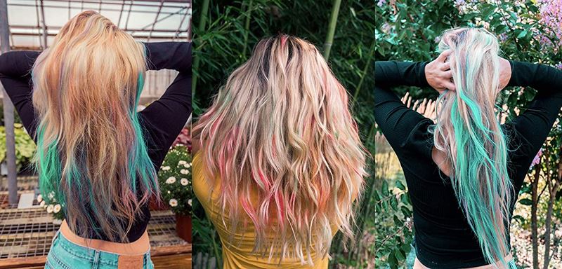 Three women display vivid blue, green, and pink highlights outdoors, created with the UNIQ Hair chalk – Vibrant Hair Chalk Color Pen set (12 colours), showing off their temporary hair color in a bright natural setting.