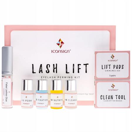 The Fashiongirl Lash Lift Kit by IconSign is an at-home salon-quality eyelash perm treatment, including Perm, Fixation, Nutrition, Cleanser bottles, glue tube, Lift Pads and Clean Tool boxes, plus instructions for easy lash lifting.