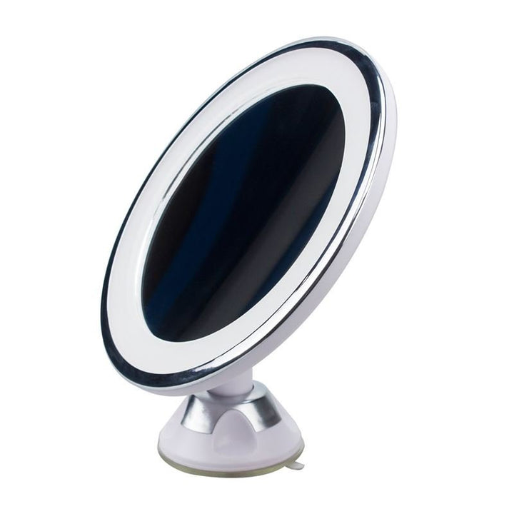 The UNIQ PRO BEAUTY Bathroom Mirror is a round, white 10x magnifying make-up mirror with a built-in LED light ring and a suction cup base for easy mounting.