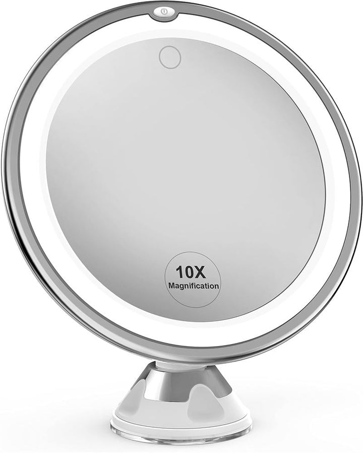 The UNIQ PRO BEAUTY Bathroom Mirror is a white x10 magnifying mirror with LED light, a touch button at the top, and a sturdy suction-cup base for easy mounting.