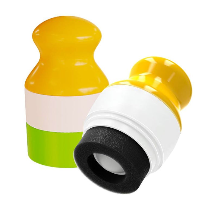 Two UNIQ Portable Refillable Sponge Roller Applicators (100ml) are shown, one standing and one lying down. Both have yellow tops, white centers, and green or black bases; the lying applicator displays a black rubber ring.
