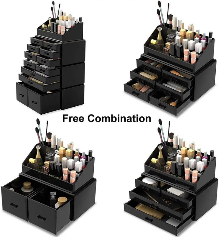 Four UNIQ black beauty organisers, including the UNIQ XXL Organiser with 12 drawers and 16 compartments, are arranged in various drawer combinations to neatly store cosmetics, brushes, and bottles. Free Combination appears at the center.