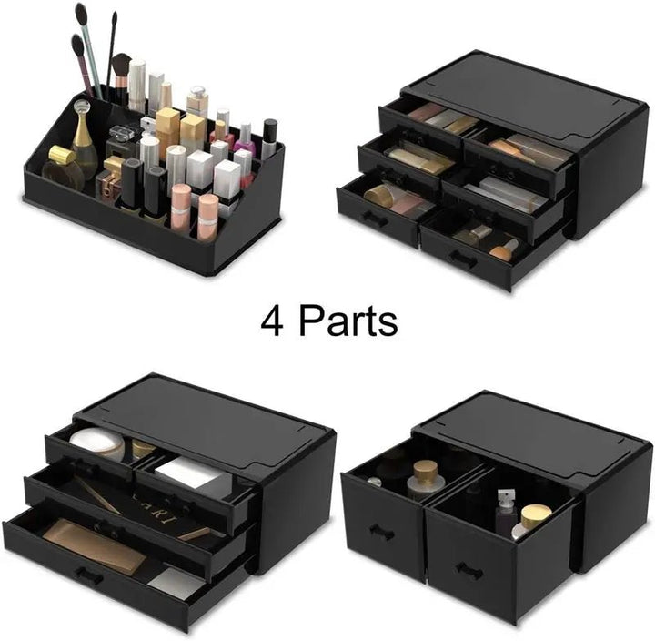 Four black UNIQ XXL Organisers with 12 drawers and 16 compartments each hold cosmetics, brushes, or skincare. The text 4 Parts appears in the center.