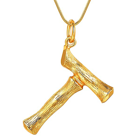 Gold Bamboo Alphabet / Letter Necklace - T - Fashiongirl