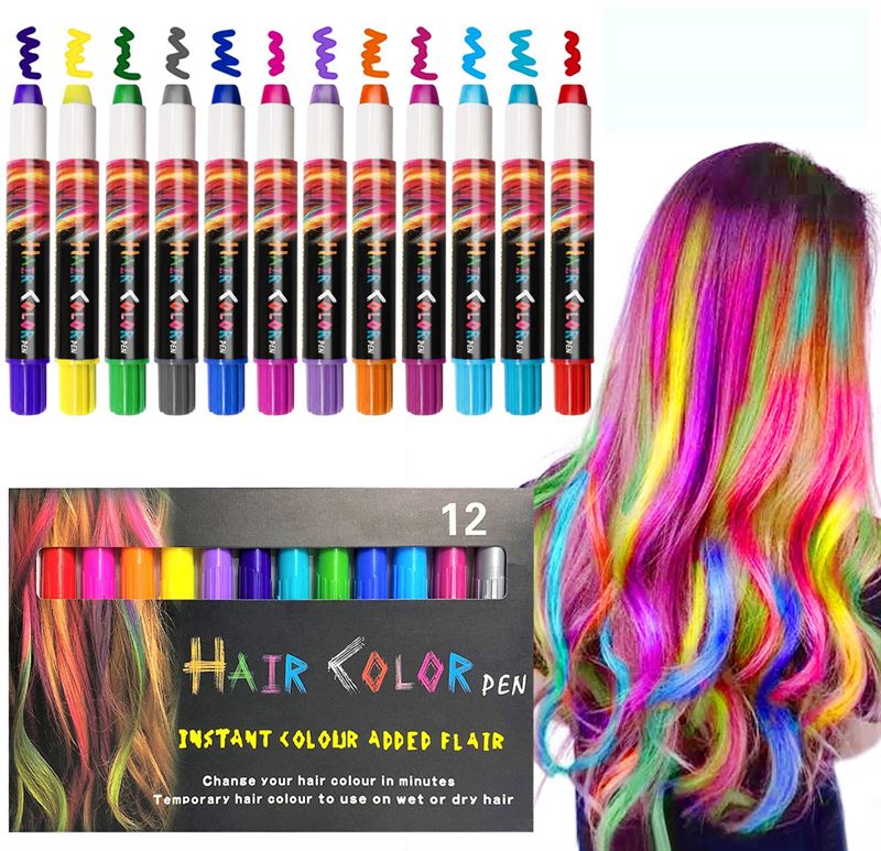 Twelve UNIQ Hair chalk - Vibrant Hair Chalk Color Pen set pens in 12 colours are shown above the product box, beside a person with long, wavy hair dyed in matching vibrant rainbow shades using these temporary, washable hair color pens.