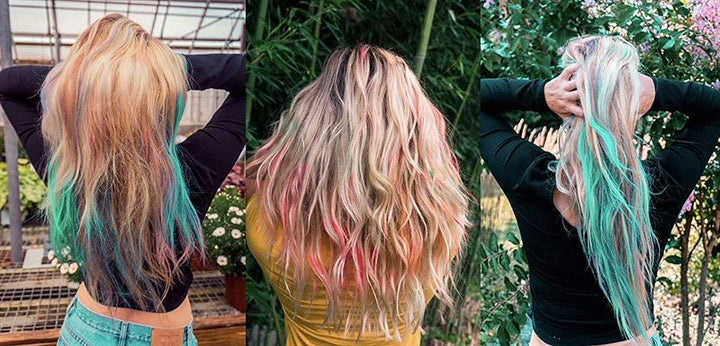 Three women display vivid blue, green, and pink highlights outdoors, created with the UNIQ Hair chalk – Vibrant Hair Chalk Color Pen set (12 colours), showing off their temporary hair color in a bright natural setting.
