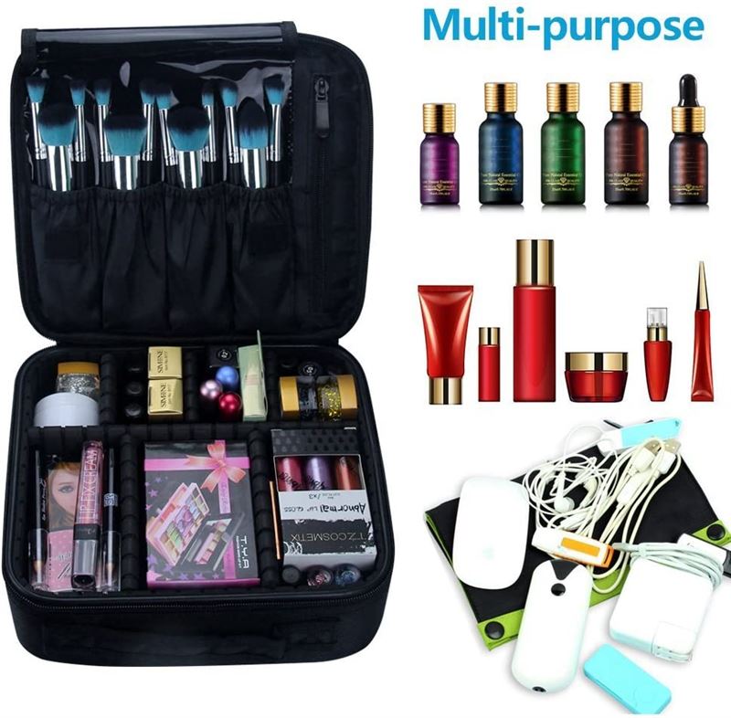 The UNIQ makeup travel bag by UNIQ is a black cosmetic toiletry bag with adjustable compartments—perfect for organizing brushes, skincare bottles, makeup, and electronic accessories—all in one multifunctional design.