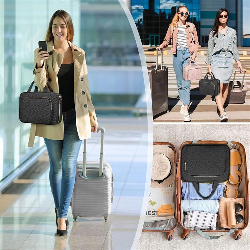 Three images: A woman with a suitcase and the black UNIQ Travel Toiletry Bag at an airport; two women with matching bags; and an open suitcase neatly packed with clothes and a hanging UNIQ organizer.