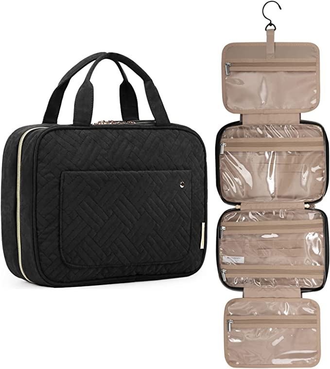 The UNIQ Travel Toiletry Bag in black features 4 waterproof compartments, a hanging hook, and handles. This organizer by UNIQ is shown closed and open, revealing its transparent zippered sections—ideal for travel.